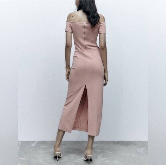 Zara Off the Shoulder Bodycon Midi Dress XSMALL Baby Light Pink Topstitched - Picture 11 of 15